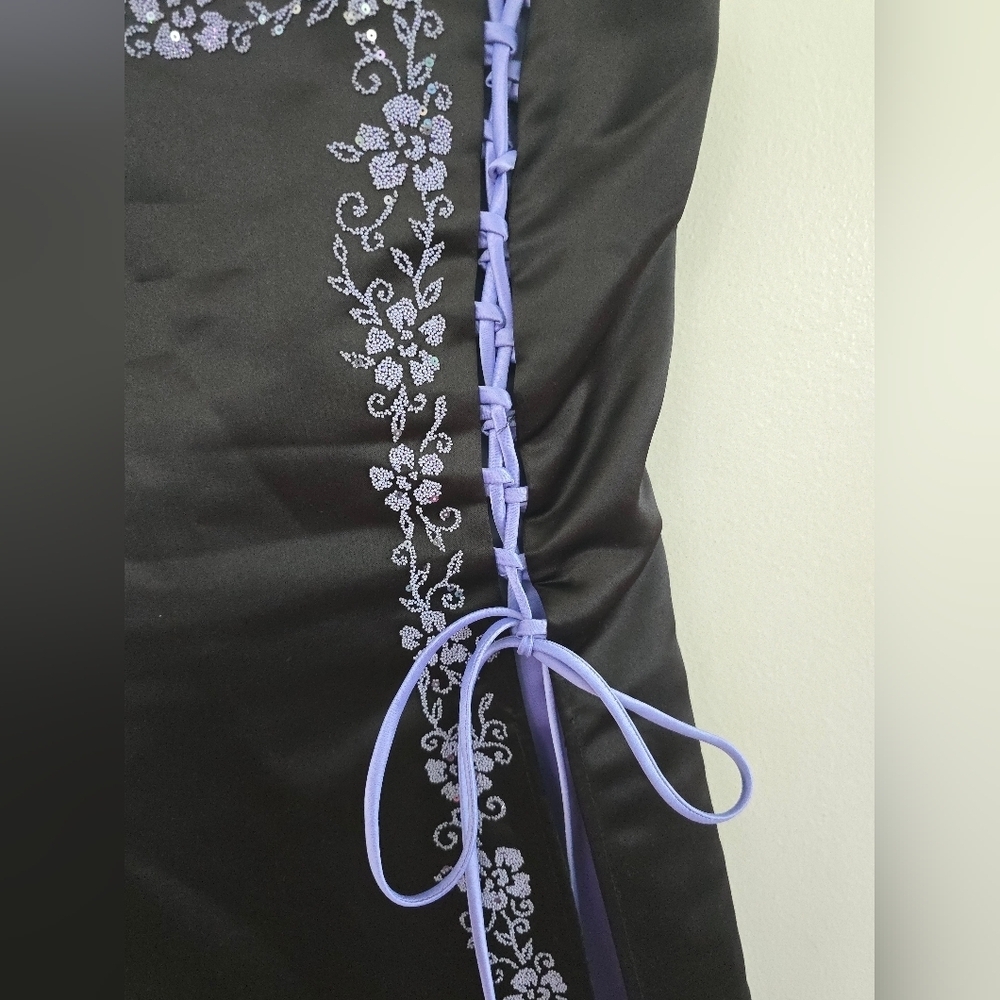 Prom Dress Maxi Gown Purple Black Bead Y2K Floral Delvt Sz 13 Fairy FLAWS - Picture 4 of 13